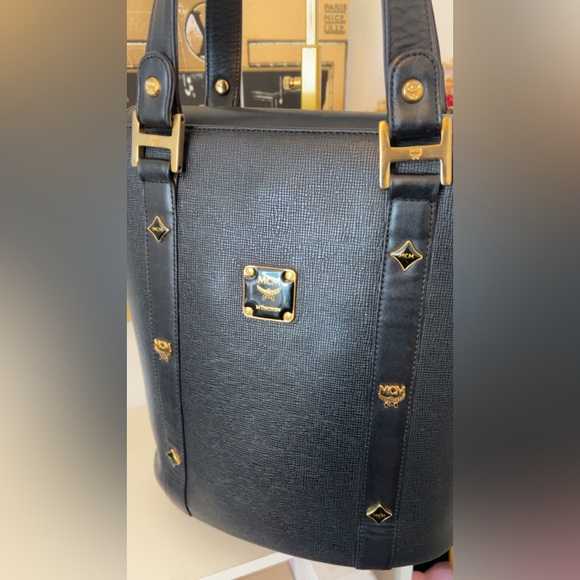 Black MCM Leather Tote Bag Gold Hardware Shoulder Bag - Picture 2 of 12
